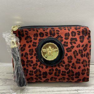 Bosom Buddy Leopard print MAKE UP Pouch Bag Tassel Gold Bee Charm NWT